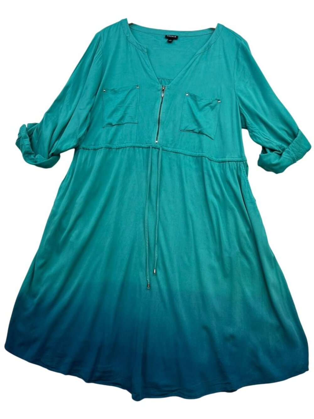 Torrid Women's Zip Front V-Neck Dress Roll Tab Sleeve Stretch Size 1X Teal Ombre